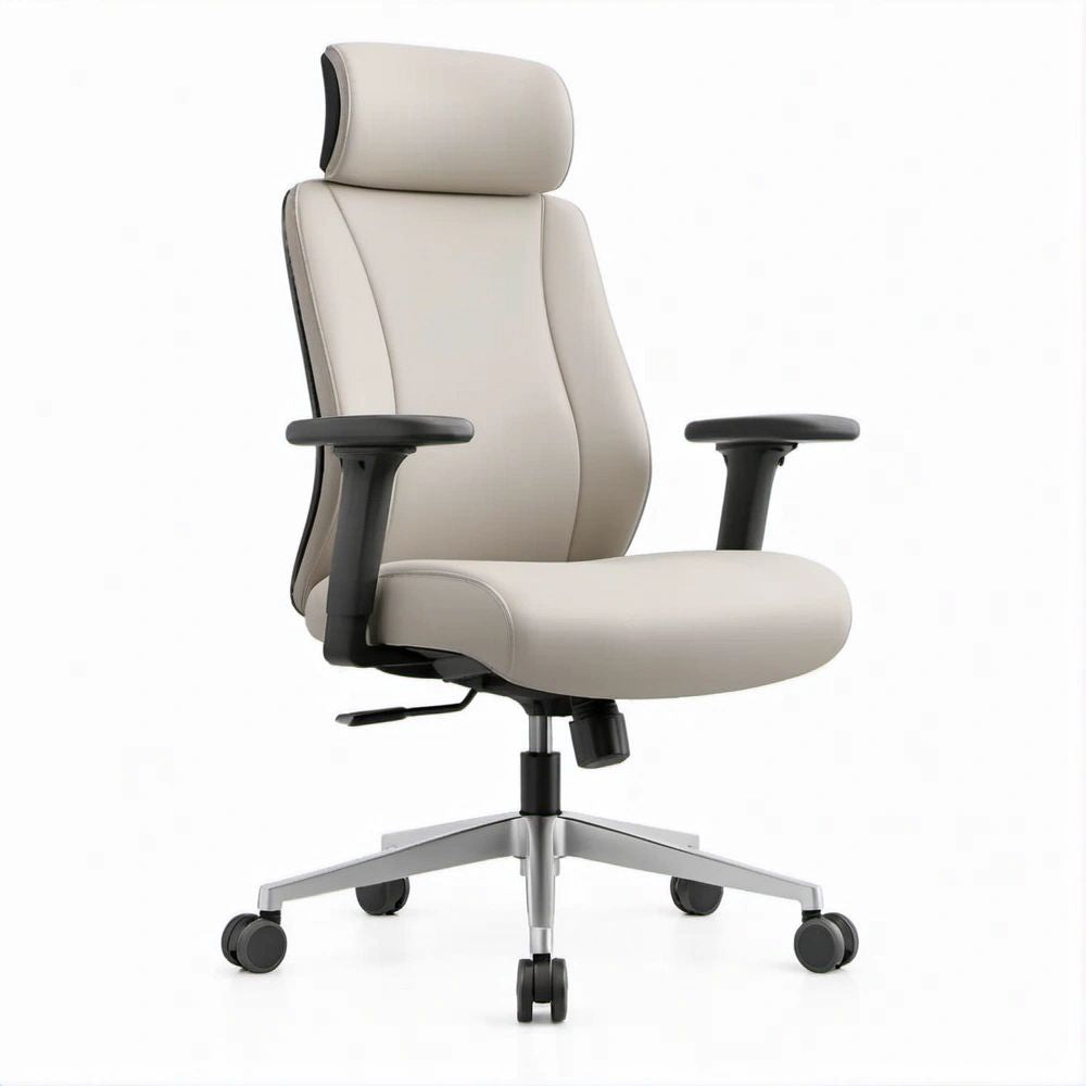Beige PU Leather High-Back Executive Office Chair with Headrest, 27.6 x 27.6 x 47.2-51.2 in