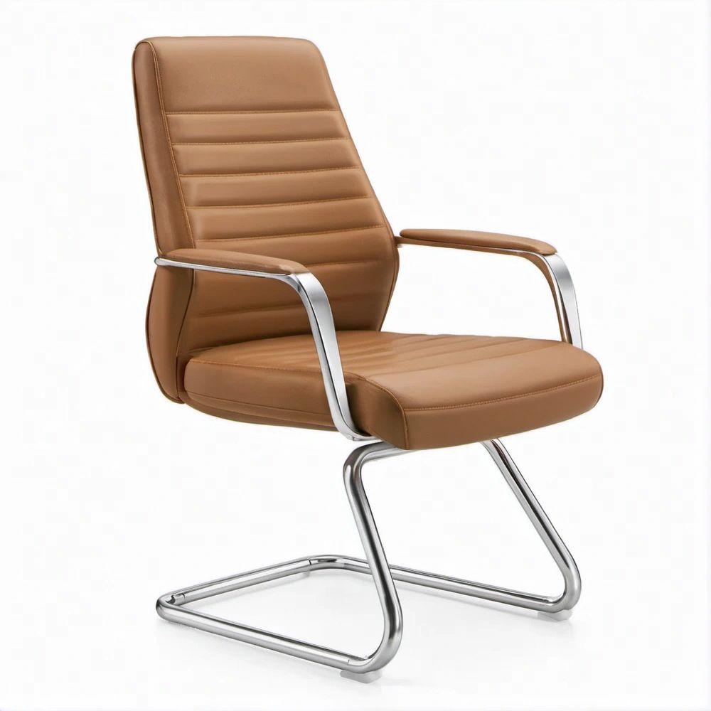 Brown Faux Leather Guest Chair with Padded Arms and Chrome Sled Base, 25.6 x 25.2 x 39.4 in