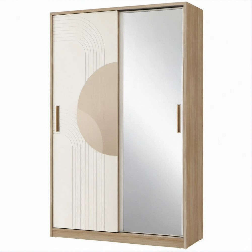 Contemporary Sliding Door Wardrobe with Mirror, Oak/White/Silver, 47.2 x 23.6 x 78.7 in