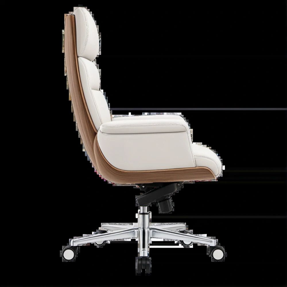 High-Back Executive Office Chair, White PU Leather, Walnut Veneer, 26.4 x 27.6 x 47.2-51.2 in