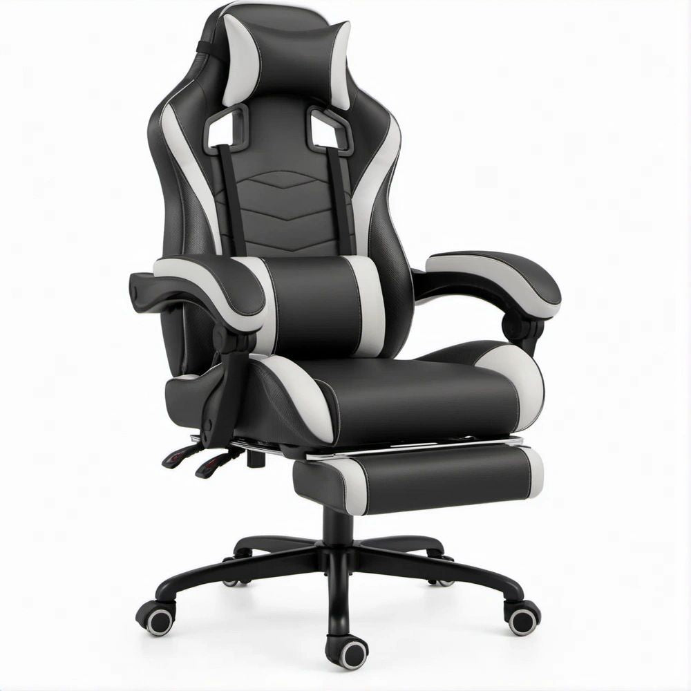 Ergonomic Racing-Style Gaming Chair with Footrest, Black/White PU Leather, 27.6 x 27.6 x 50.4-54.3 in