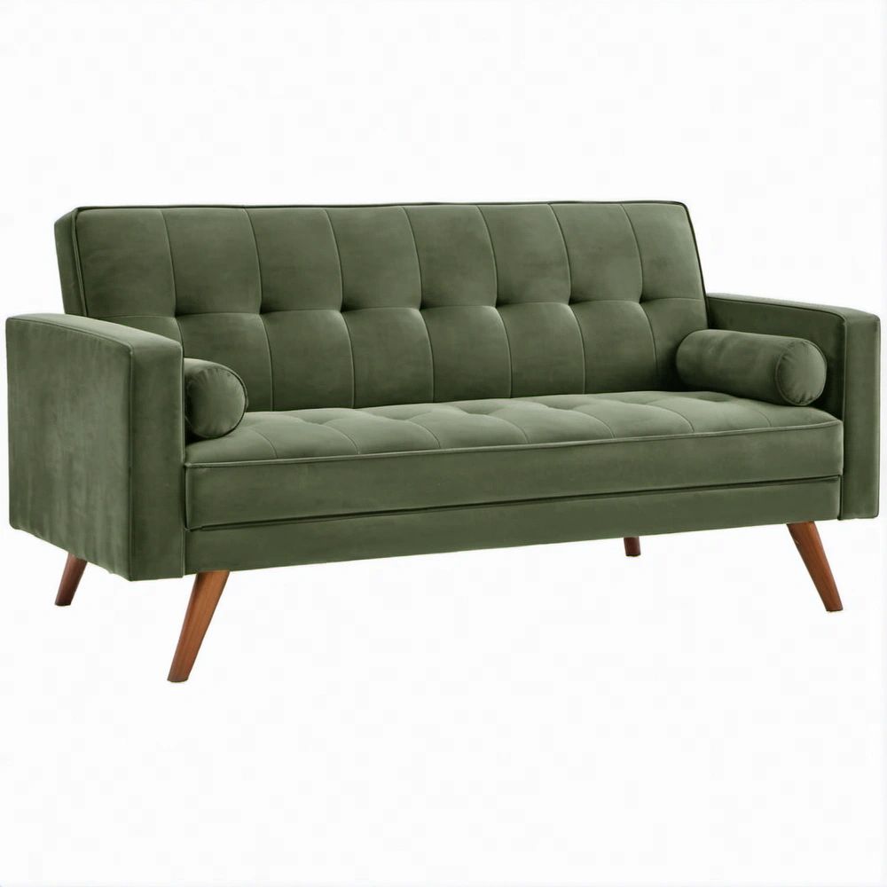 Green Velvet Loveseat with Brown Rubberwood Legs, 57.5 x 32 x 34.5 in