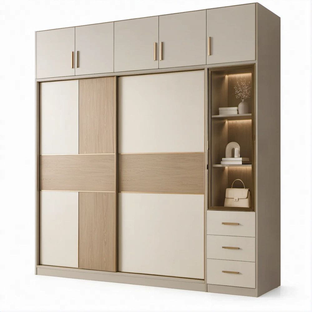 Beige and Light Oak Wardrobe with Sliding Doors, Glass Display Cabinet, Drawers and LED Lighting, 86.6 in W x 23.6 in D x 94.5 in H