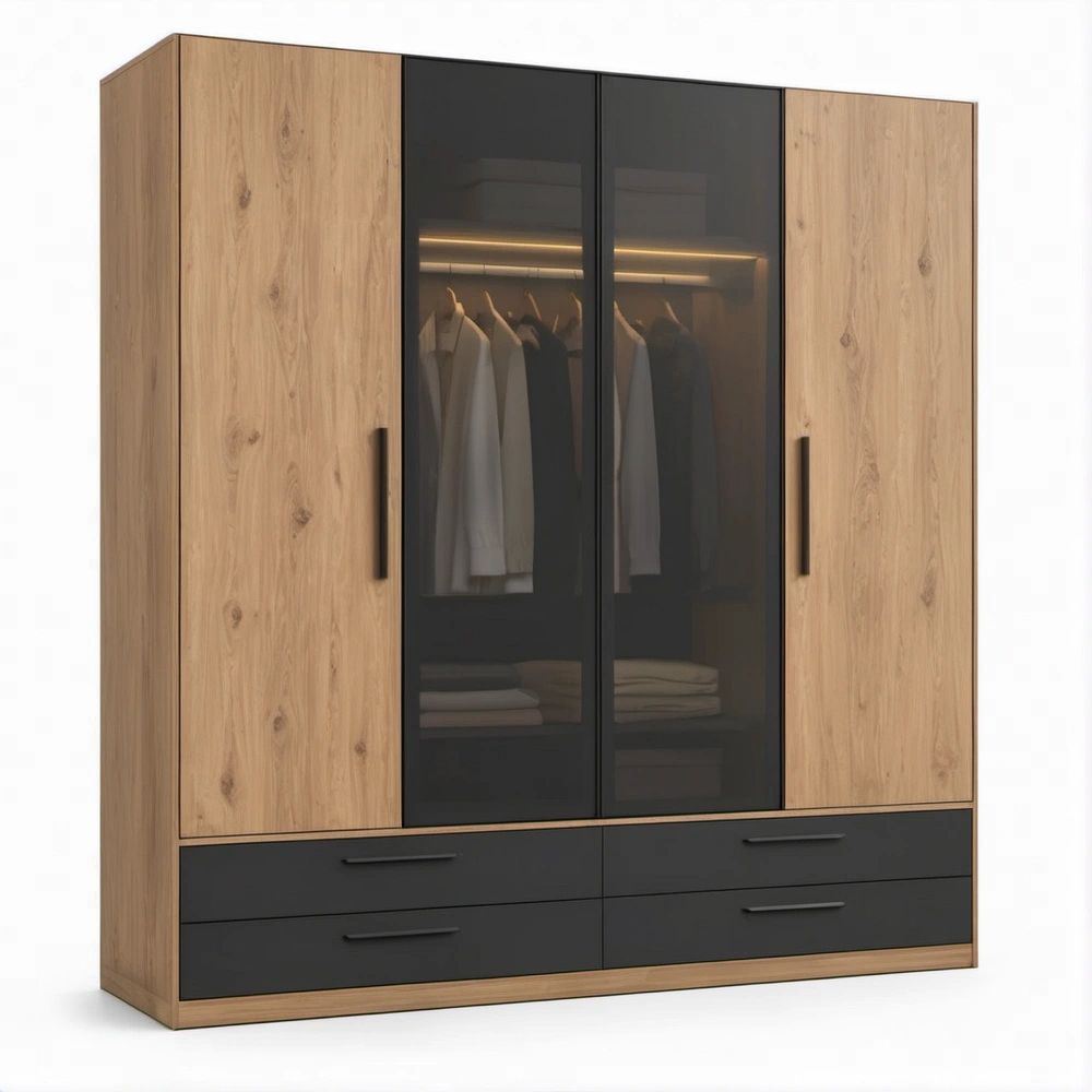 4-Door Oak and Black Wardrobe with 4 Drawers, Tinted Glass Panels, 70.9 x 20.5 x 78.7 in