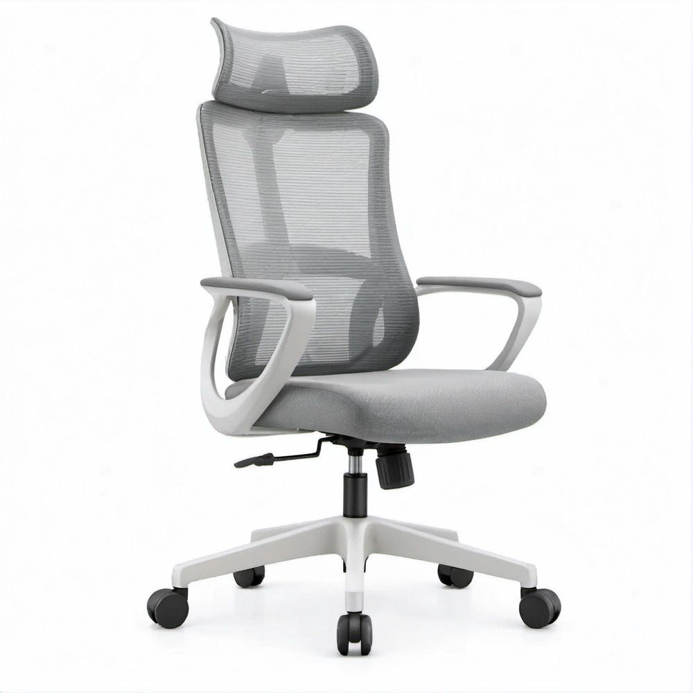 Gray and White High-Back Mesh Office Chair with Headrest, Adjustable Height, 25.6 x 25.6 x 47.2-51.2 in
