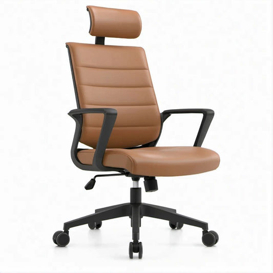 Brown PU Leather High-Back Executive Office Chair with Headrest, 25.6 x 25.6 x 45.3-49.2 in