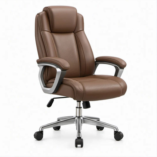Brown PU Leather High-Back Executive Office Chair, 27 x 28 x 46-50 in