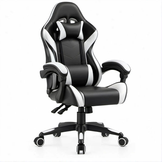 High-Back Racing Style Gaming Chair, Black/White PU Leather, 26.8 x 26.8 x 48.0-51.2 in