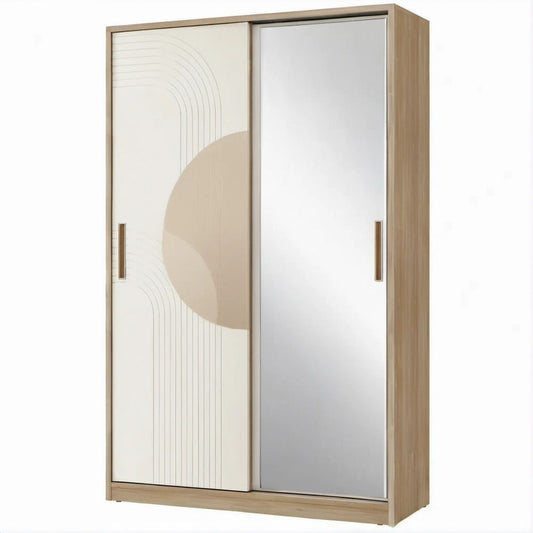 Contemporary Sliding Door Wardrobe with Mirror, Oak/White/Silver, 47.2 x 23.6 x 78.7 in