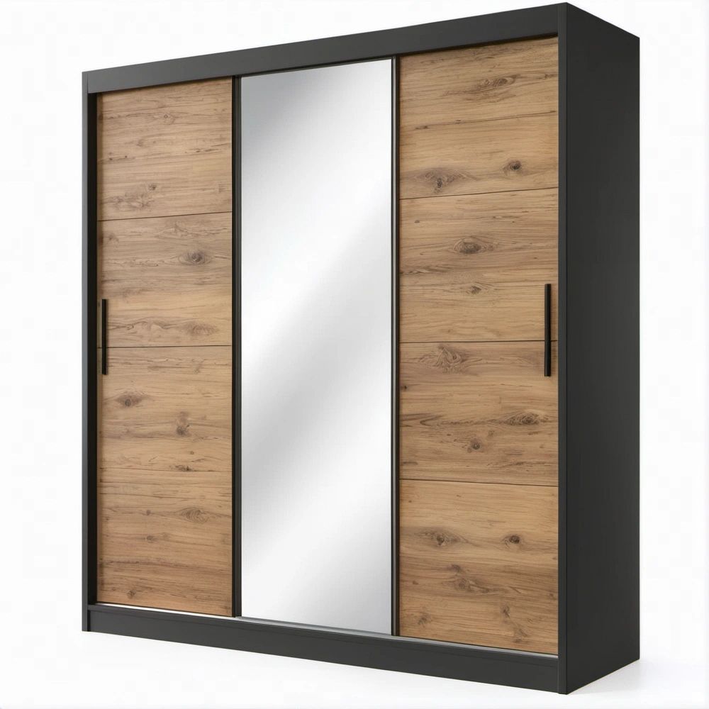 70.9 x 23.6 x 78.7 in Black and Oak Brown Engineered Wood Sliding Door Wardrobe with Center Mirror