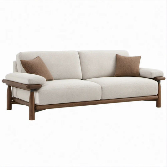 2-Seat Ivory Boucle Sofa with Dark Brown Rubberwood Frame and Brown Throw Pillows, 82.7 x 34.6 x 31.5 in