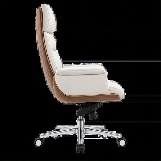 High-Back Executive Office Chair, White PU Leather, Walnut Veneer, 26.4 x 27.6 x 47.2-51.2 in