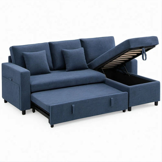 Navy Blue Pull-Out Sleeper Sofa with Lift-Top Storage Chaise, 87 x 57 x 35 in