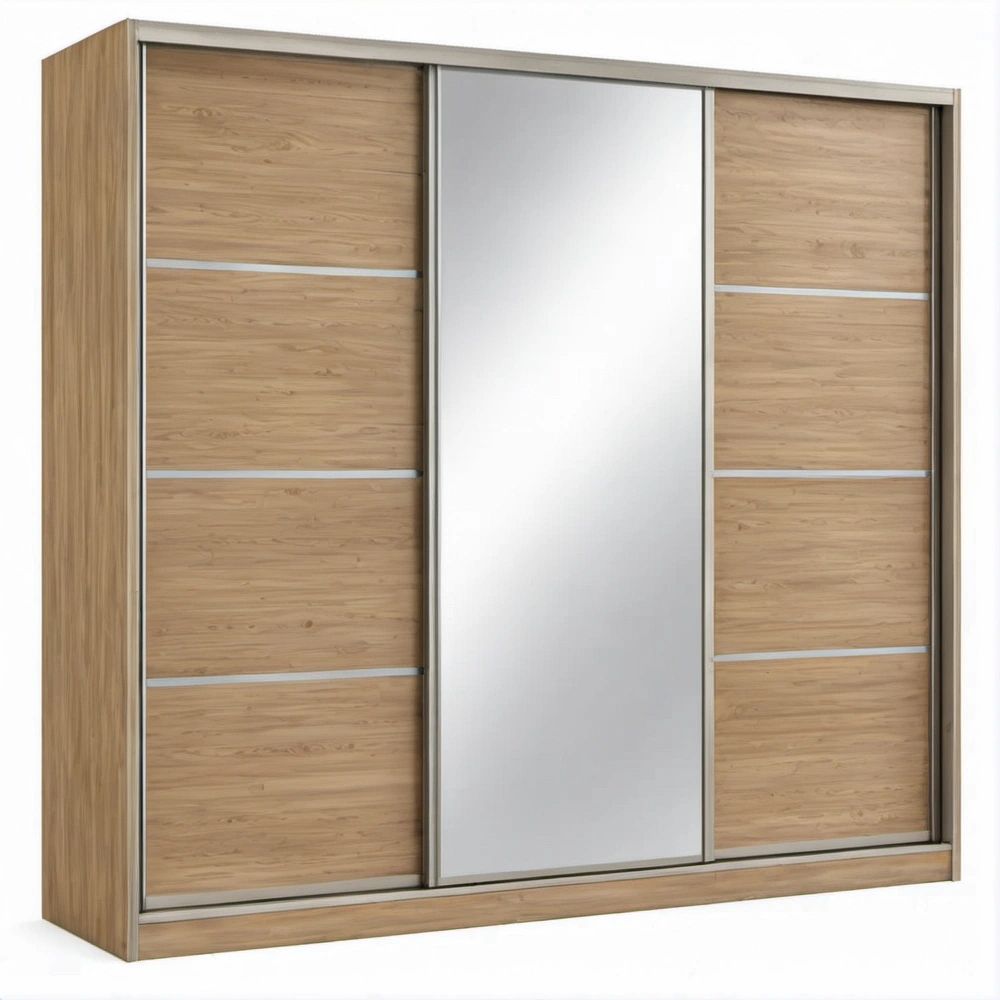Natural Oak and Silver Sliding Door Wardrobe with Full-Length Mirror, 70.9 x 23.6 x 78.7 in