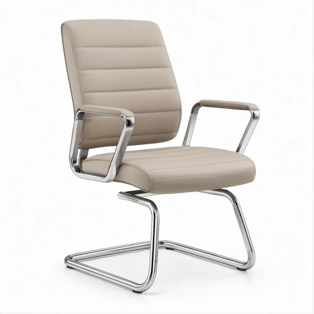 Beige PU Leather Office Guest Chair with Chrome Sled Base, 24.4 x 25.6 x 39.4 in