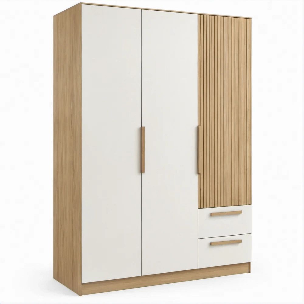3-Door Wardrobe with 2 Drawers, White and Natural Oak, 47.2 x 19.7 x 78.7 in