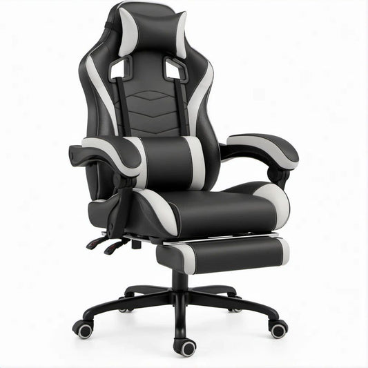Ergonomic Racing-Style Gaming Chair with Footrest, Black/White PU Leather, 27.6 x 27.6 x 50.4-54.3 in