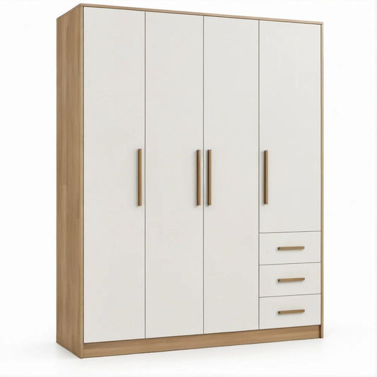 White and Oak 4-Door Wardrobe with 3 Drawers, 63 x 20.5 x 78.7 in.
