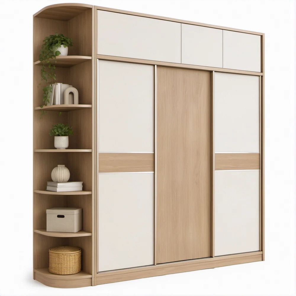 White and Light Oak Sliding Door Wardrobe with Curved Open Shelves, 86.6 x 23.6 x 94.5 in