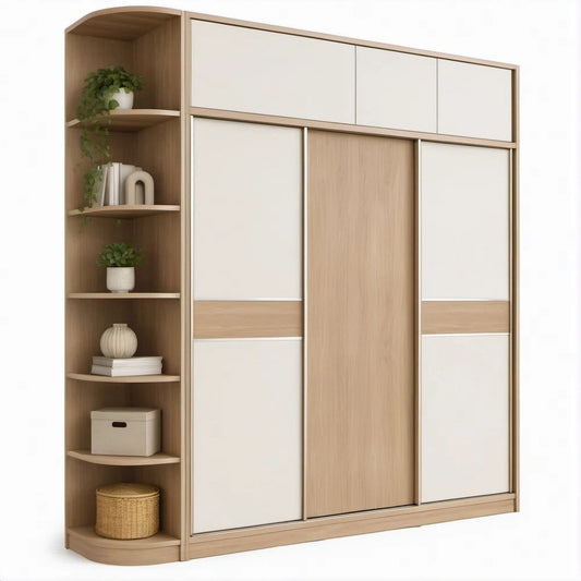 White and Light Oak Sliding Door Wardrobe with Curved Open Shelves, 86.6 x 23.6 x 94.5 in