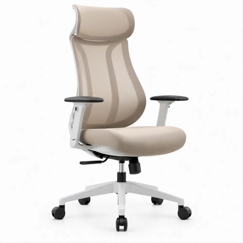 Beige High-Back Mesh Office Chair with Adjustable Headrest, 25.6 x 25.6 x 46.5-50.4 in