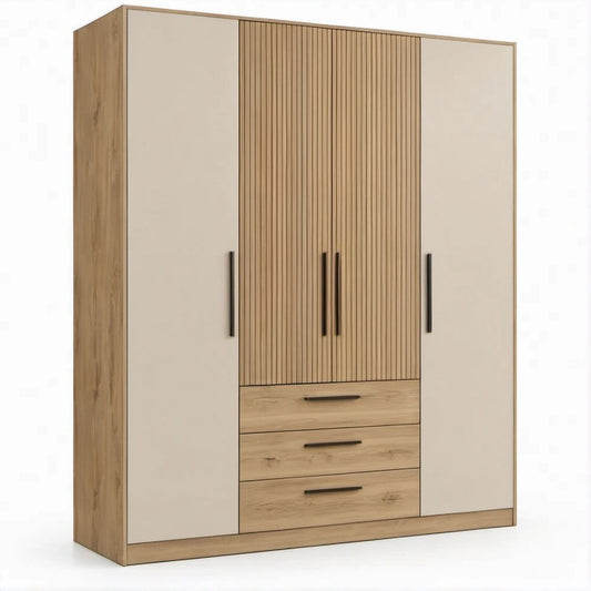 63 in. W x 20 in. D x 79 in. H 4-Door Wardrobe with 3 Drawers, Beige and Light Oak with Black Handles