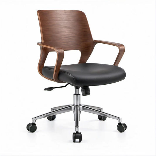 Adjustable Bentwood Office Chair with Black PU Leather Seat, Walnut Brown Finish, 25.6 x 25.6 x 33.5-37.4 in