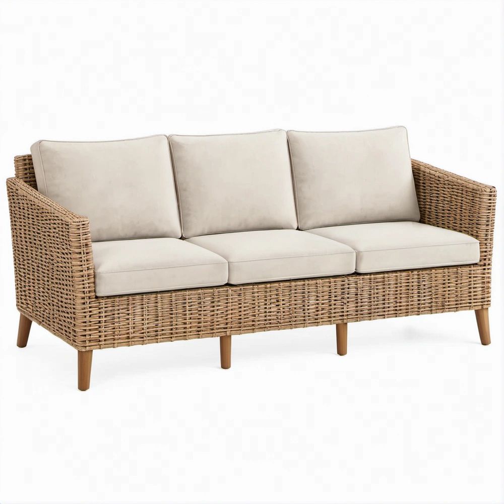 3-Seater Natural Rattan Sofa with Beige Polyester Cushions, 77.2 x 33.5 x 33.1 in