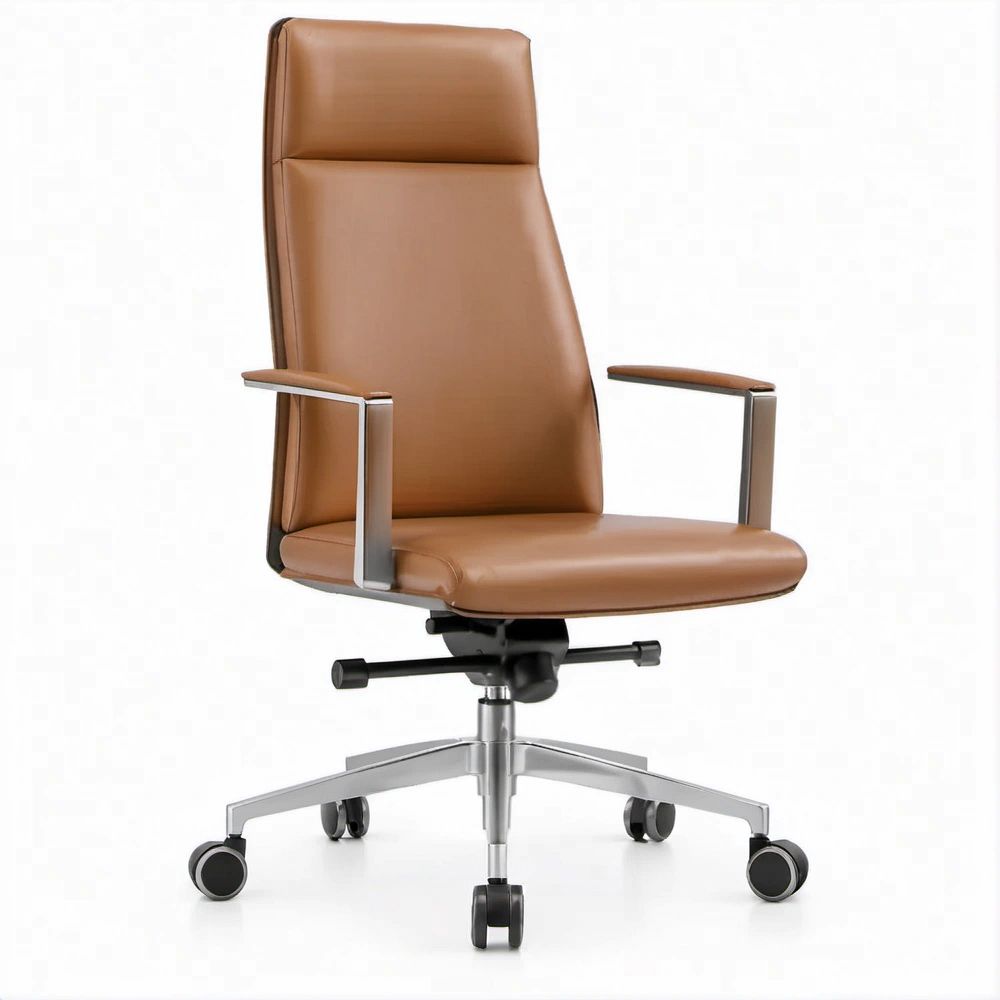 Brown PU Leather High-Back Executive Chair with Aluminum Base, 25.6 x 25.2 x 46.5-50.4 in